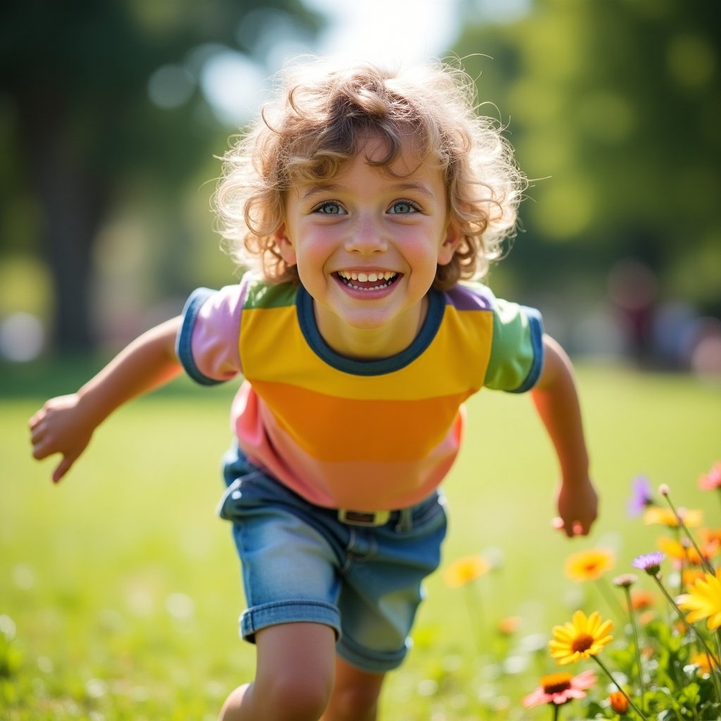 The image depicts a cheerful child running joyfully in a grassy area. The child has curly hair and a radiant smile, wearing a vibrant, colorful shirt and denim shorts. Flowers bloom around them, adding to the lively atmosphere. The backdrop is a blurred park setting, emphasizing the child's joyful movement. Bright sunlight bathes the scene, creating a sense of warmth and happiness.