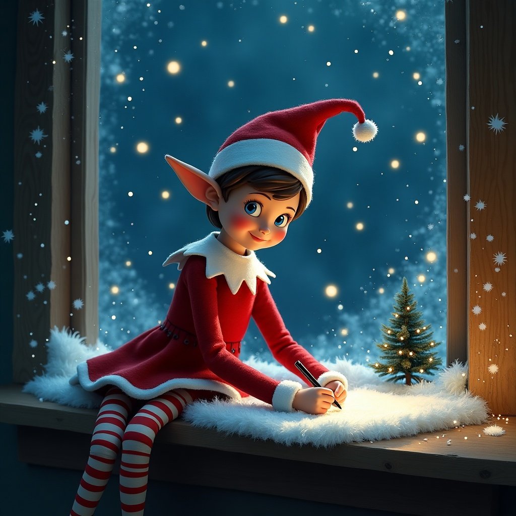 A whimsical girl elf sits on a window ledge, wearing a festive red dress and a pointed red hat. She is joyfully writing a message about her return in a snowy scene. The night sky sparkles with snowflakes, creating a magical atmosphere. In the background, a little Christmas tree adds to the holiday charm. The scene captures the spirit of anticipation and joy of the holiday season.