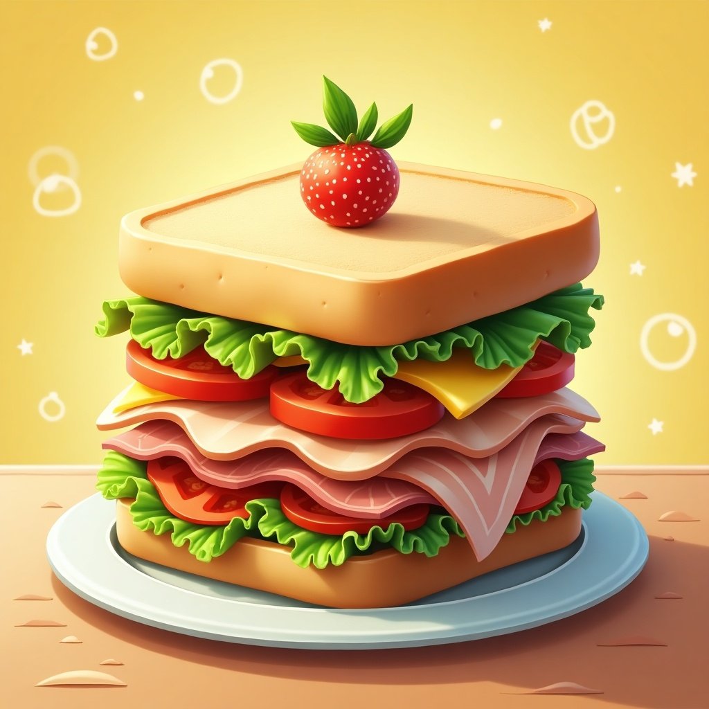 A vibrant, cartoonish illustration of a delicious stacked sandwich placed on a white plate. The sandwich features layers of greens, tomatoes, cheese, and meats, topped with a single strawberry on the top slice of bread. The background is a warm yellow with playful bubbles subtly floating around, adding a whimsical touch. The overall composition showcases the freshness and appeal of the ingredients. This digital art piece is perfect for food-related content, evoking hunger and delight.