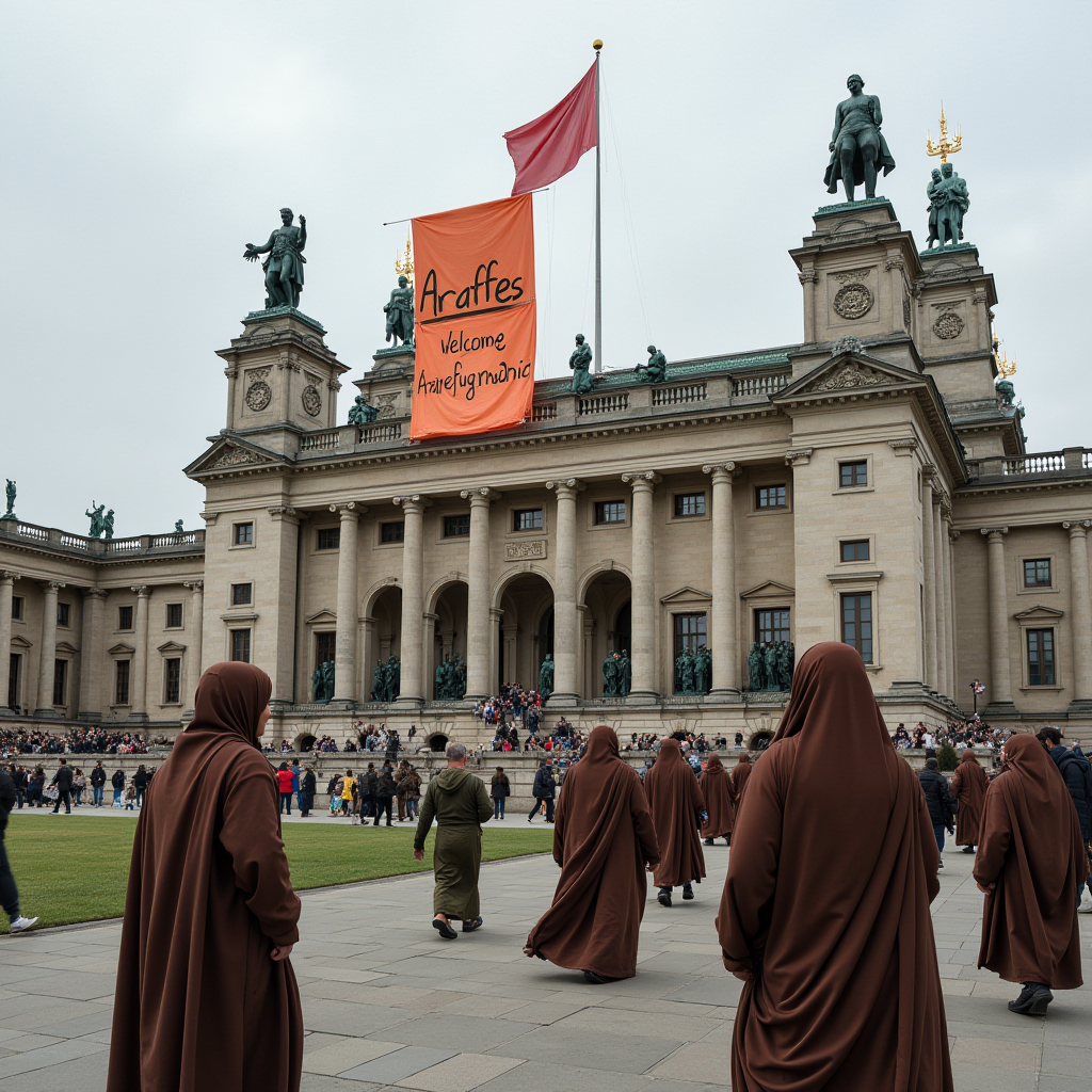 A historic building with a banner and people in hooded robes walking towards it.