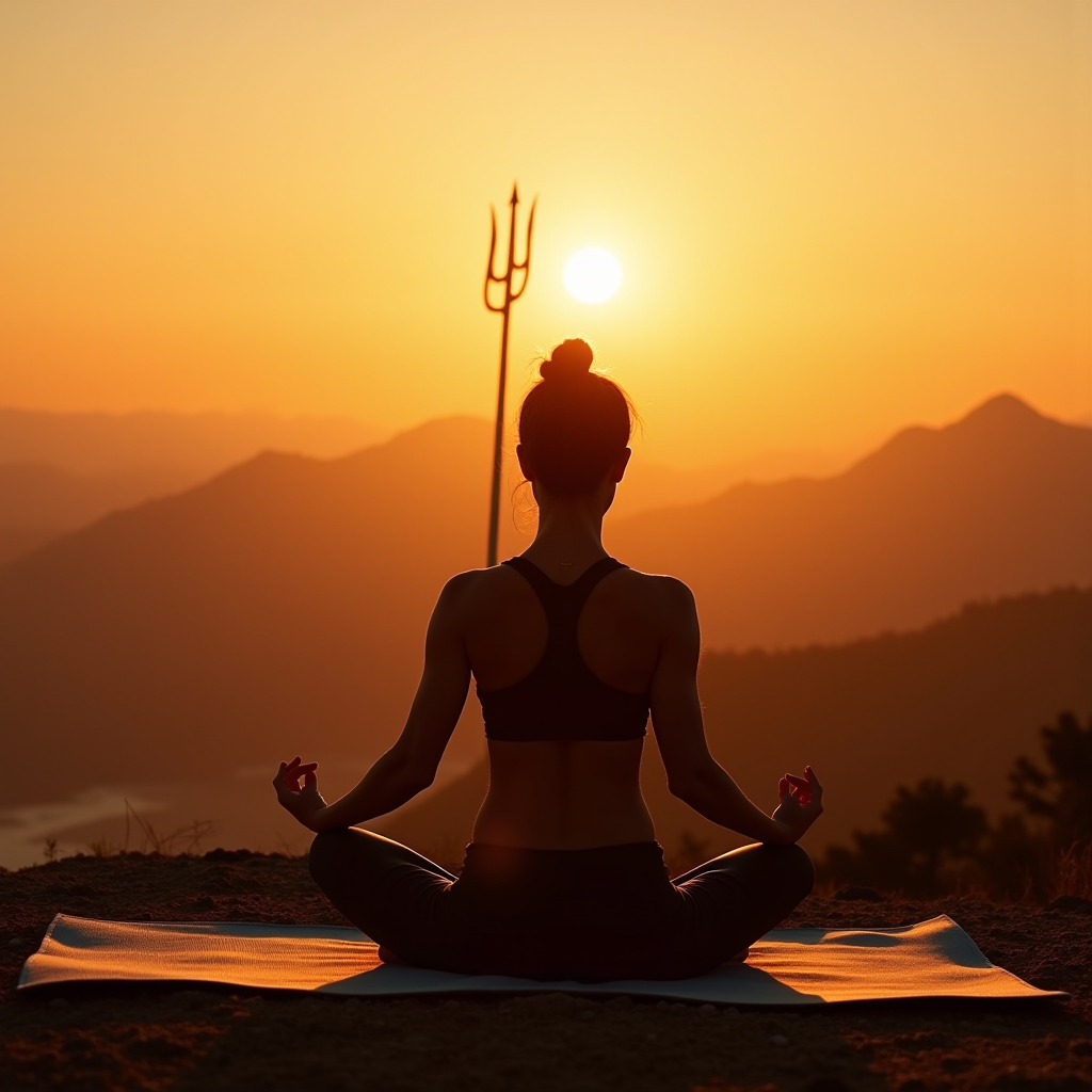 A person meditates in a yoga pose on a mountaintop as the sun sets, casting an orange glow over the landscape.