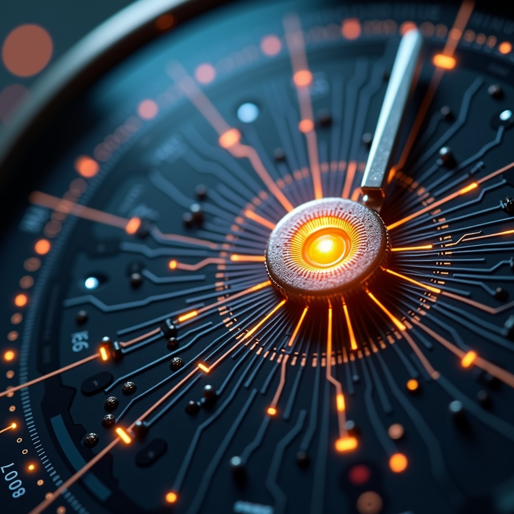 A futuristic close-up of a glowing circuit board resembling a clock face.