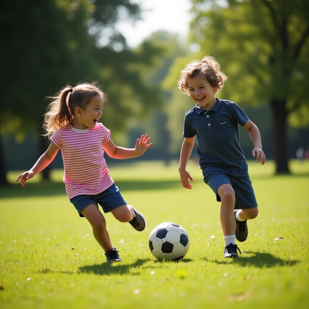 Two children are joyfully playing football in a vibrant green park. The girl, wearing a striped shirt, is energetically running towards the ball with a smile. The boy, dressed in a polo and shorts, is playfully chasing after her. The sun is shining brightly, illuminating their fun-filled activity. Surrounding them are tall trees, adding to the cheerful outdoor atmosphere.