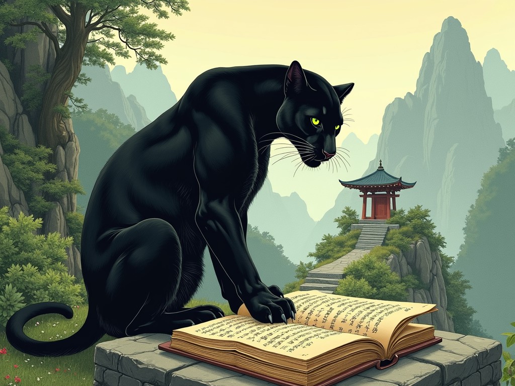 The image depicts a mystical black panther intently focused on an ancient book placed on a stone pedestal. Set against a tranquil backdrop of misty mountains and a traditional pagoda, the scene evokes a sense of mystery and wisdom. The panther's piercing yellow eyes suggest intelligence, while the lush greenery and serene atmosphere enhance the image's enchanting quality.