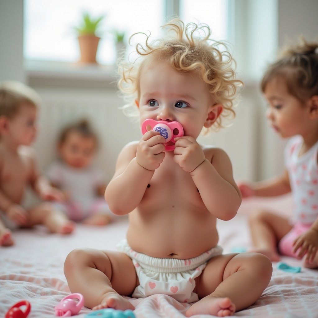 A cute toddler girl is in a cozy room with natural light streaming through a window. She is wearing a white and pink nappy and has a joyful expression as she plays. The toddler is about to take a pacifier out of her mouth. In the background, there are other toddlers enjoying playtime together. The room features scattered toys, including dolls and pacifiers, enhancing a playful vibe. This scene beautifully captures the innocence and joy of early childhood.