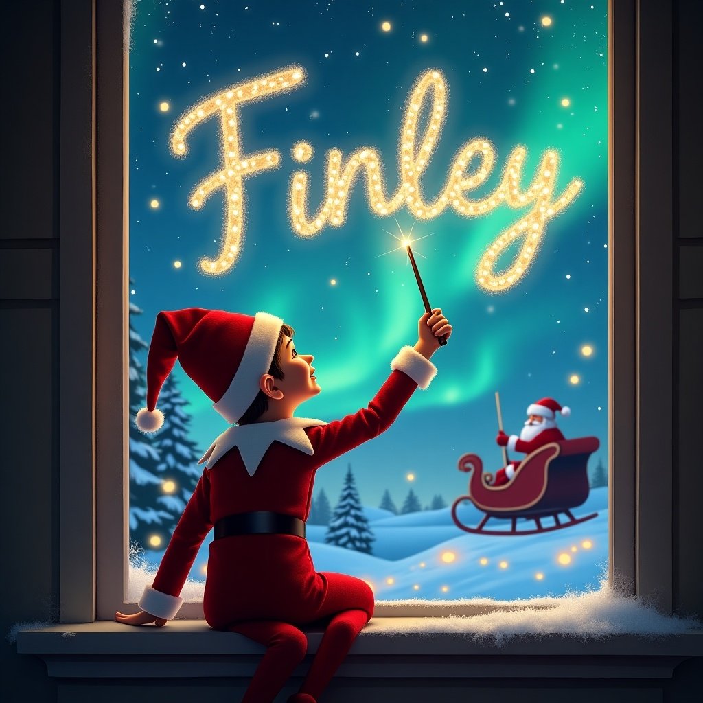 The image features an elf sitting on a window ledge with his back to the viewer. He is facing the sky, using a wand to write the name 'Finley' in shimmering letters. The background is enchanting, depicting a magical Christmas scene complete with twinkling stars and colorful northern lights. In the background, Santa Claus can be seen in his sleigh, adding to the festive atmosphere. The elf is dressed in a classic red outfit and a pointed hat, emphasizing the holiday spirit.