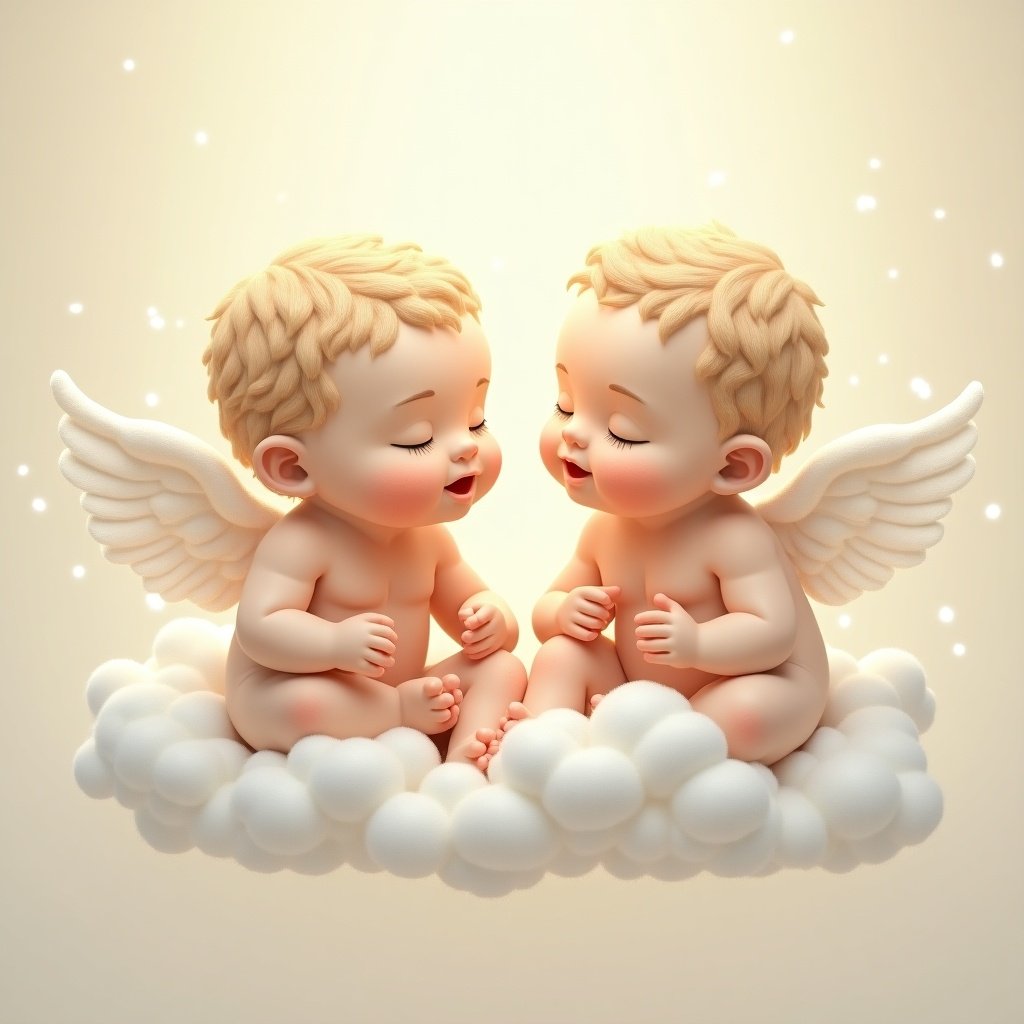 The image features two adorable angel baby boys named Luke and James. They are sitting on a fluffy white cloud, smiling sweetly at each other. Both babies have soft, blonde hair and small, delicate wings. The background is a gentle, glowing light that enhances their angelic appearance. This whimsical scene evokes feelings of innocence and joy, perfect for celebrating new life.