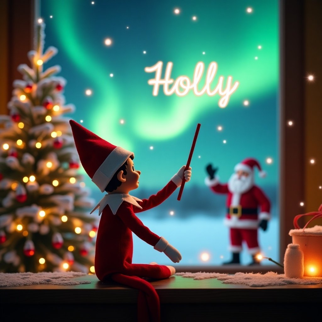 This image depicts a festive Christmas scene. An elf on the shelf is seated, joyfully using a wand to write the word 'Holly' in the sky illuminated by northern lights. In the background, Santa Claus stands beside a beautifully decorated Christmas tree. The cozy atmosphere is enhanced by twinkling lights and snow. This whimsical imagery encapsulates the magic of the holiday season, emphasizing childhood wonder and festive cheer.