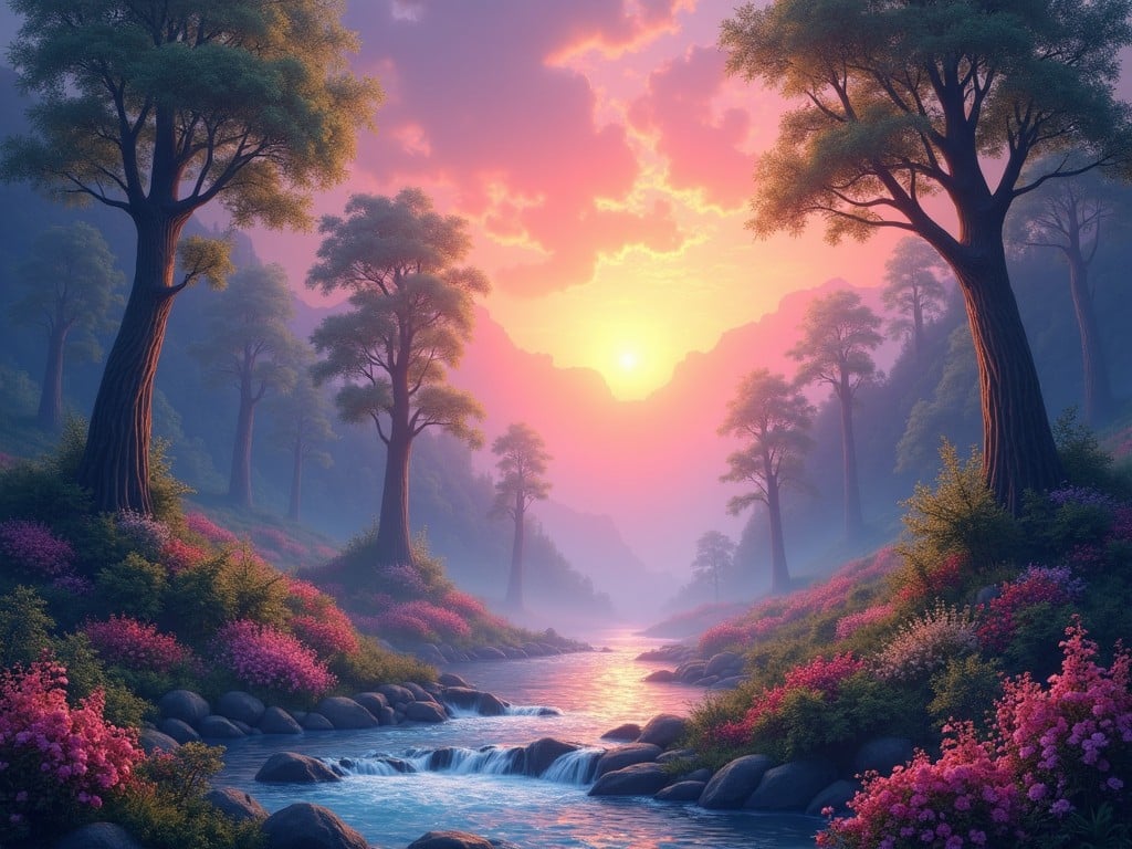 A breathtaking fantasy landscape with a gentle stream flowing through a lush forest, vibrant flowers in shades of pink and purple on the banks, tall trees stretching towards the sky, set against a dramatic pink and purple sunset lighting the scene.