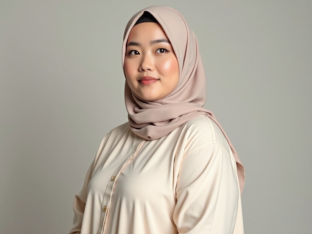 A plus size Indonesian young woman with a round face is posing in a studio. She is wearing a cream hijab and a cream abaya. Her makeup includes neutral lipstick that complements her complexion. The backdrop is a soft neutral color, making her features stand out. The image is captured at eye level, focusing on her expression and attire effectively. The overall aesthetic is calm and stylish, aimed at promoting modest fashion.