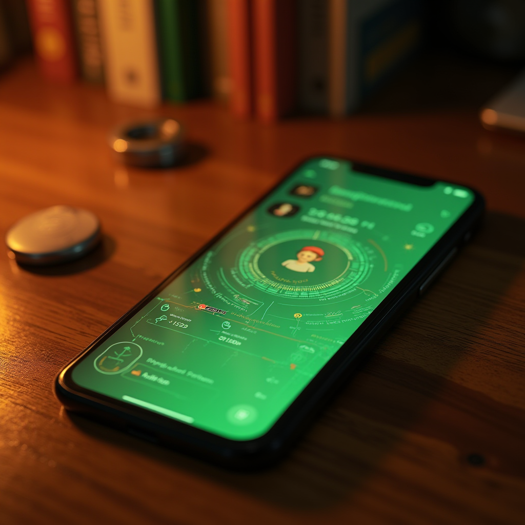 A smartphone on a wooden desk displays a futuristic green-themed fitness tracking app.