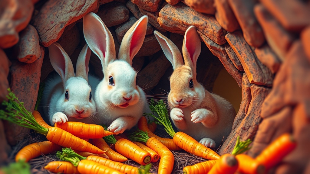 This charming image captures three adorable rabbits nestled inside a wooden burrow, surrounded by a bounty of fresh, vibrant carrots. The rabbits, with their ears perked up, appear curious and playful as they nibble on the carrots, creating a scene of warmth and contentment. The setting conveys a sense of coziness and natural beauty.