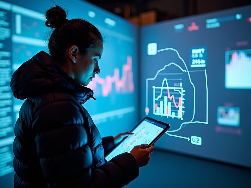 A person wearing a puffy jacket is interacting with a digital tablet. The tablet projects dynamic graphics onto the surrounding area. This scene is set against a background filled with vibrant data displays that showcase various metrics. The environment is slightly dim, emphasizing the illuminated graphics. The person appears focused on the data, highlighting the integration of technology in everyday life. This image captures a modern approach to data analysis and interaction, blending fashion with digital innovation.