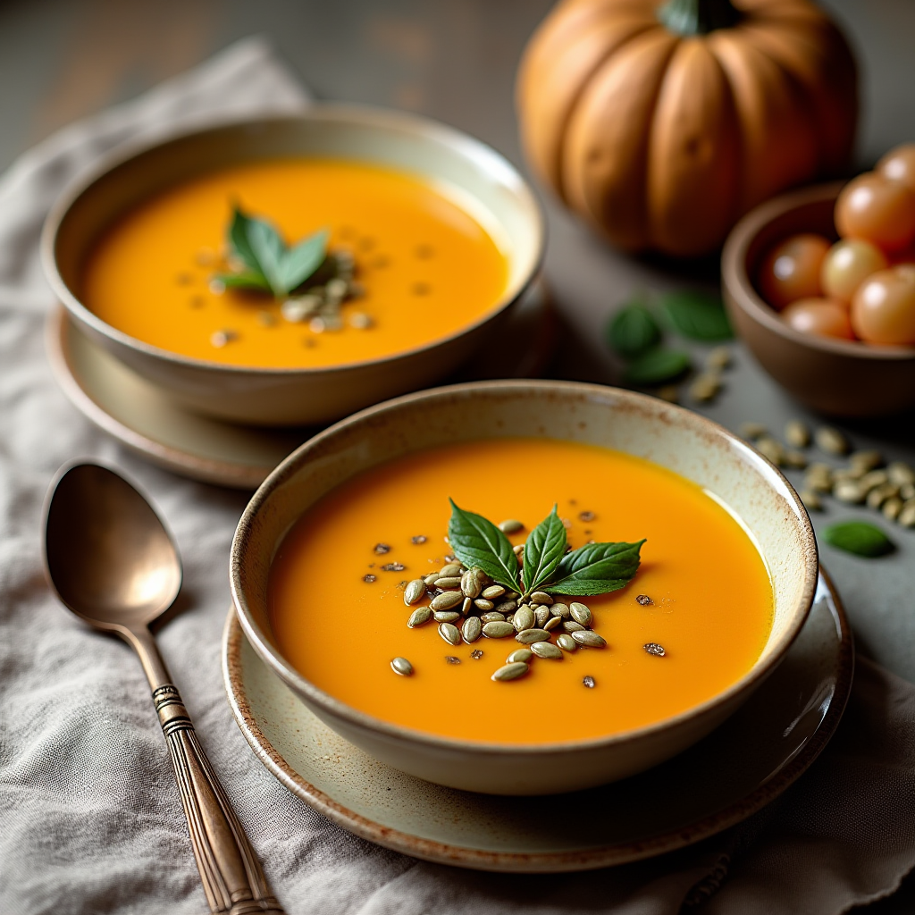 Two bowls of pumpkin soup are topped with seeds and herbs, surrounded by autumnal decor.