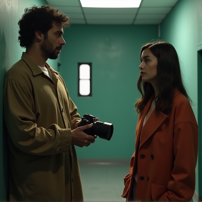 A man holding a camera and a woman in an orange coat face each other in a teal hallway.