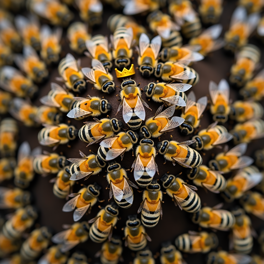 A cluster of bees surrounding a central bee wearing a tiny crown.