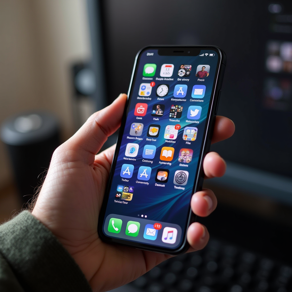 A hand holding a smartphone displaying various apps on its home screen.