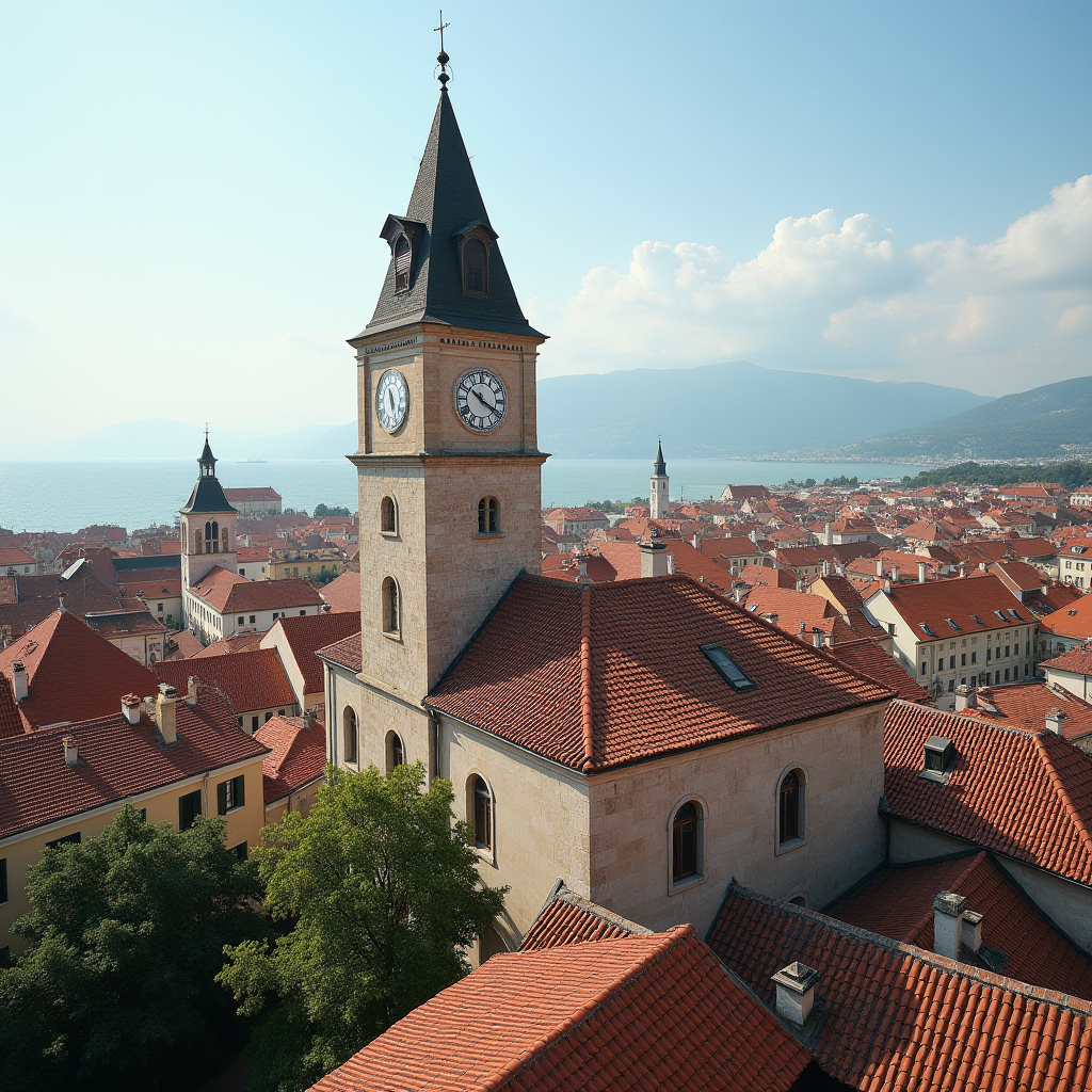 The image depicts a coastal town with red-tiled roofs and a prominent clock tower, set against a backdrop of a calm sea and distant mountains under a clear sky.