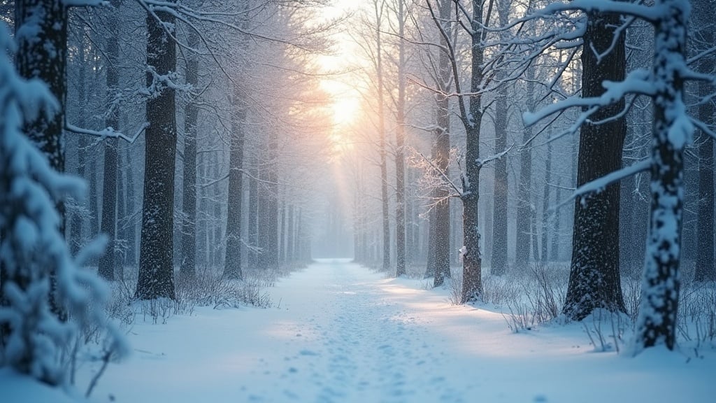 This image showcases a serene winter scene where the first snow blankets a peaceful path through the woods. The surrounding trees are coated in white, creating a dreamlike quality. Soft light filters through the branches, hinting at the sun's presence in the distance. There's a sense of tranquility in the air, as gentle snowflakes lightly fall from the sky. The pathway invites viewers to explore this stunning landscape, where nature is at its most beautiful in winter.