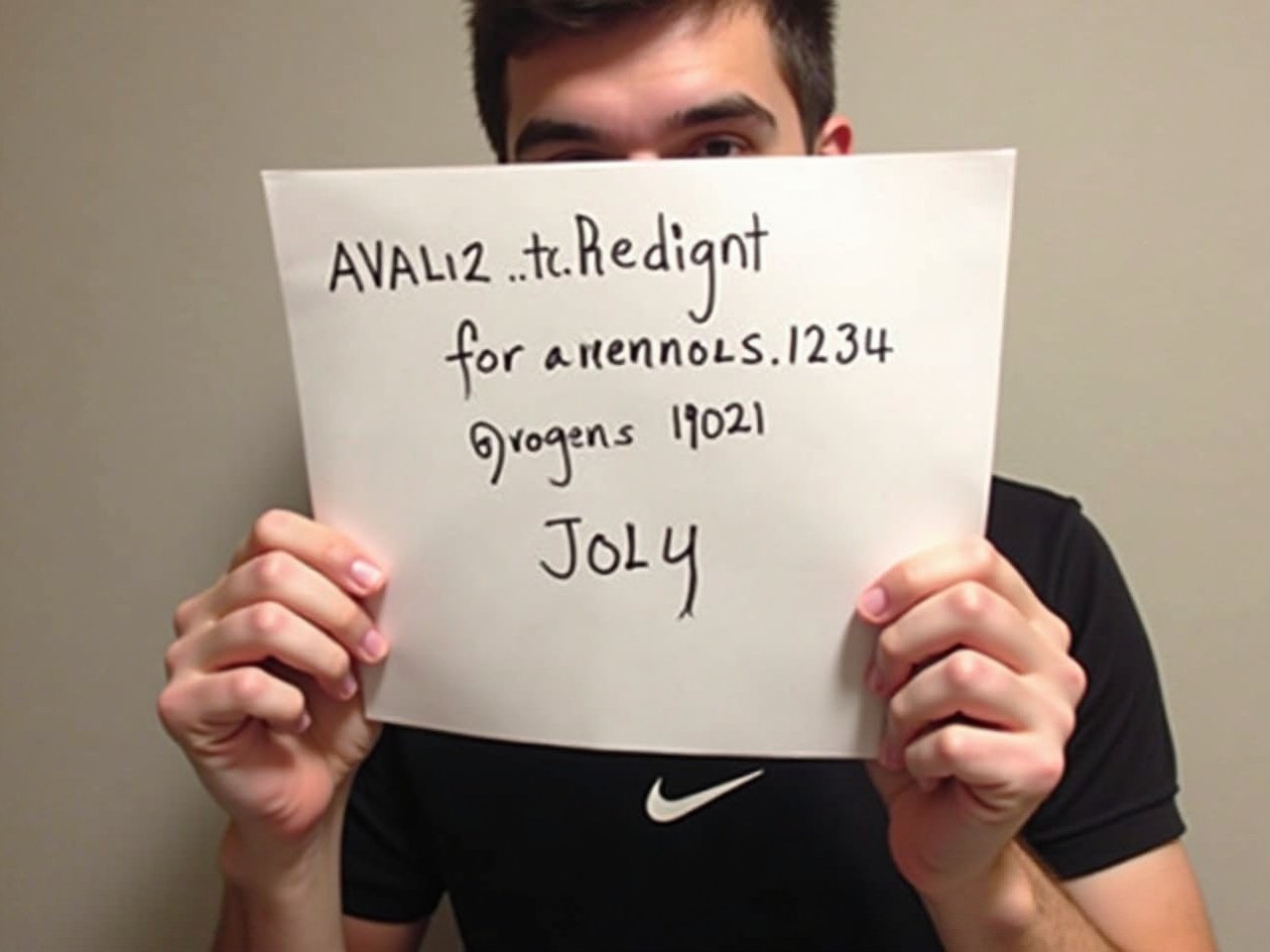 The image features an individual holding a handwritten sign that includes a username, a subreddit, and a date. The person is dressed in a black Nike shirt, with their lower face obscured. The background is plain and softly lit, which helps to emphasize the significance of the message on the paper. The focus on the handwritten details invites viewers to engage with the content. This image is typical in digital communities where identity and participation are shared.