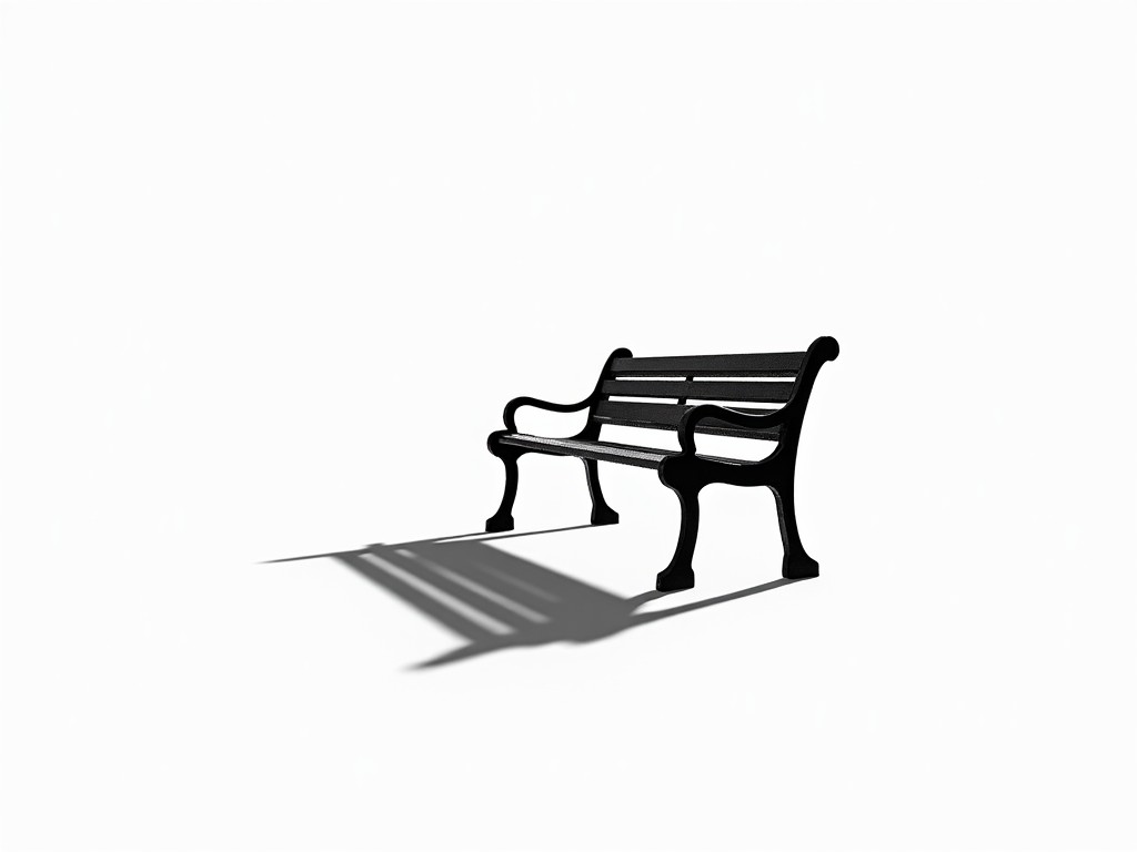 The image features a minimalist white background with a black park bench positioned prominently. The bench casts a sharp, long shadow extending horizontally to the left. This stark contrast between the shadow and the white background creates a striking visual impact. The scene evokes a sense of tranquility and stillness. It invites viewers to ponder the simplicity of the setting and the potential for contemplation or relaxation in a park environment.