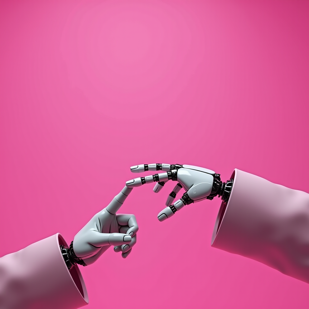 The image shows two robotic hands reaching towards each other against a vibrant pink background.