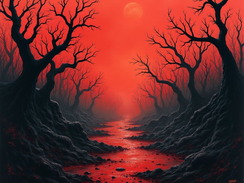 This image depicts a haunting, eerie forest bathed in a deep red glow. Twisted, leafless trees line a winding river that cuts through the misty landscape. A full moon hangs ominously in the sky, adding to the unsettling ambiance. The scene evokes feelings of dread and discomfort, drawing attention to the stark beauty of nature turned menacing. It raises reflections on toxic culture and the consequences of environmental neglect, making it a powerful visual statement.