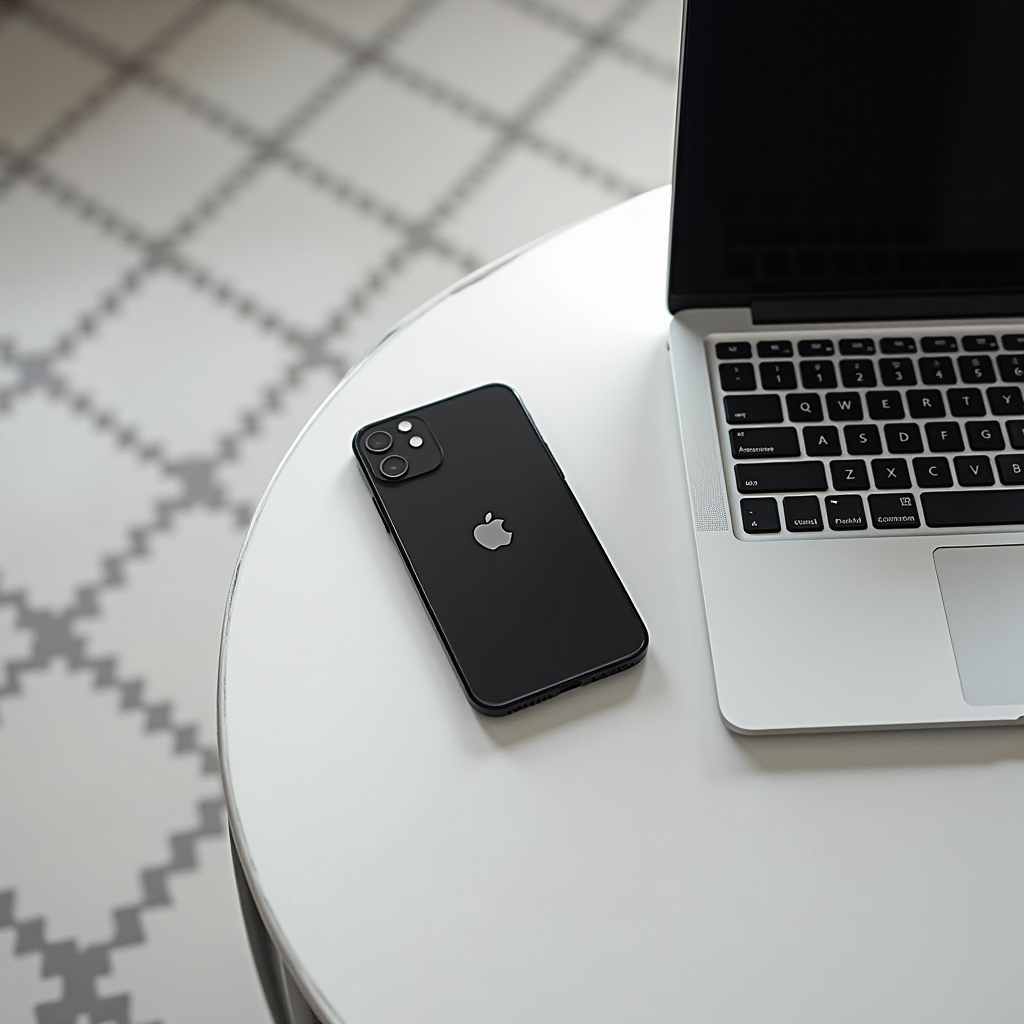 A black smartphone and an open laptop sit on a white round table with a patterned floor.