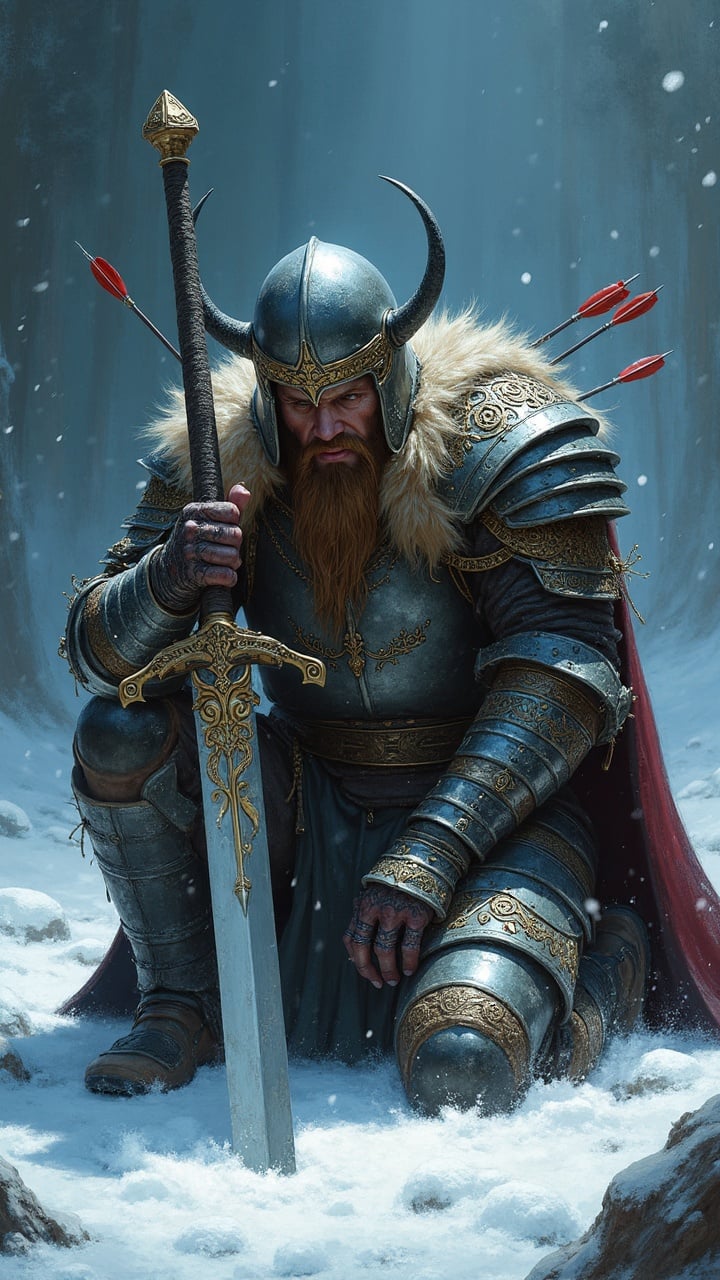 In a stark winter scene, a fierce warrior in ornate armor kneels in the snow, gripping a sword with intricate designs. Red arrows pierce his fur-lined attire, signifying recent battle. The imagery is intense with strong contrasts, capturing the warrior's stoic determination amidst a backdrop of muted, wintry tones.