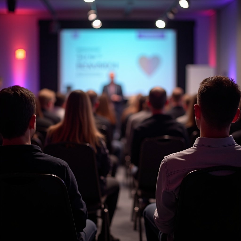 This image captures an audience seated in a conference room, viewed from behind. The people are focused on a presentation being given at the front. Soft lighting enhances the atmosphere, creating a professional setting. The screen displays content relevant to the presentation, featuring a heart symbol, suggesting a theme of care or connection. Attendees are engaged, demonstrating the importance of effective public speaking and communication in professional environments.