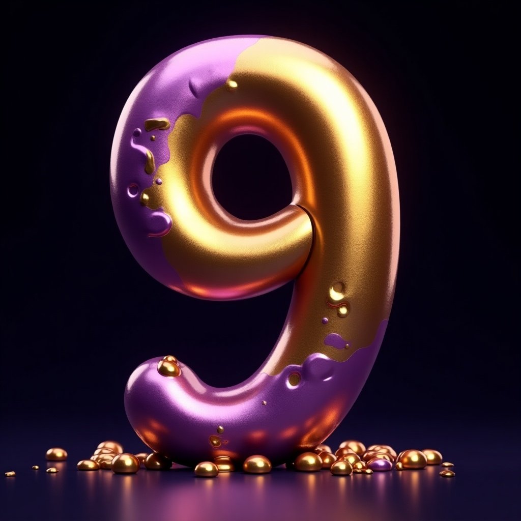 This image showcases a shiny golden number nine, beautifully crafted with a glossy, liquid-like purple texture. The number stands out against a dark background, creating a striking contrast. Surrounding it are small, spherical golden droplets, enhancing its luxurious appearance. The lighting adds depth and brilliance, emphasizing the number’s sleek design. This visually captivating image can be used for various celebratory themes and promotions, making it versatile for marketing and event planning.