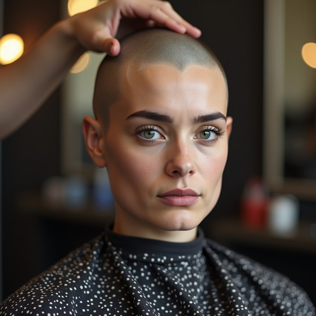 This image features a woman with a freshly shaved head sitting in a bustling barbershop. She has a confident expression, showcasing her smooth, shiny bald head. The stylist is gently holding her head in place, highlighting the precision of the haircut. The background has a soft blur with barbershop equipment visible. The scene conveys a sense of modern beauty and empowerment.