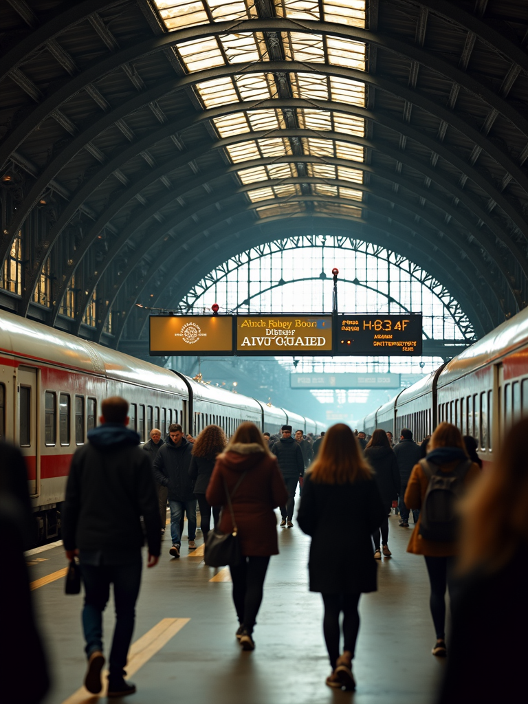 People walking along a bustling train platform with grand arched architecture and trains waiting on either side.