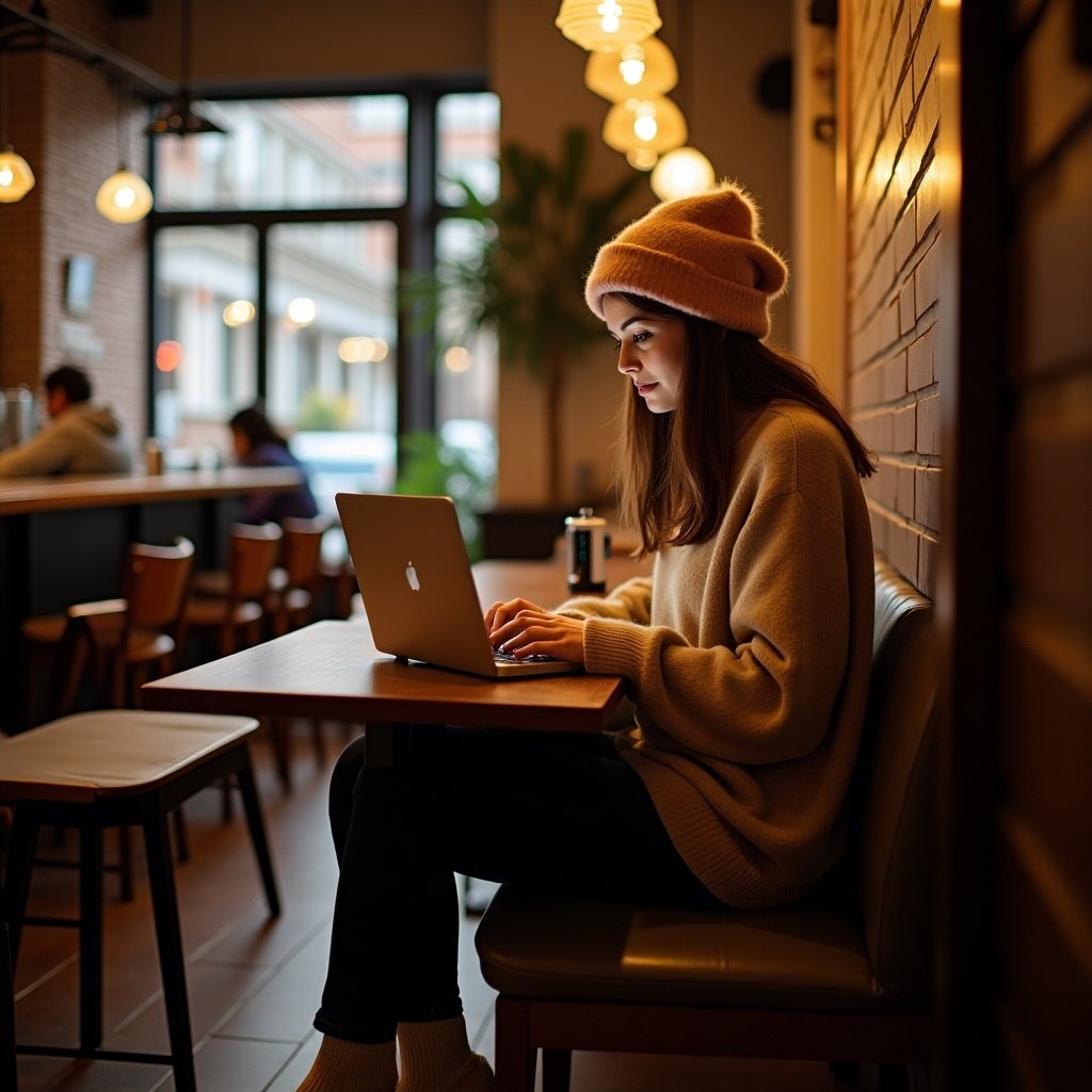 A woman sits in a cozy outfit, complete with white socks and a large sweater, focused on her laptop in a cafe. The atmosphere is warmly lit, enhancing the inviting and relaxed ambiance of the cafe. She is working, surrounded by a modern yet comfortable interior. Other customers can be seen in the background, contributing to a busy but serene environment. The scene captures a moment of productivity in a casual setting, perfect for freelancers and remote workers.