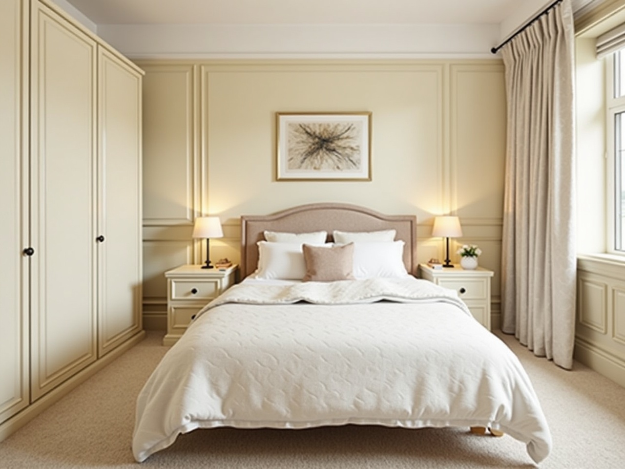 This image showcases a medium-sized bedroom featuring cream-colored walls and an elegant design. The main focal point is a cozy, medium-sized bed adorned with a soft, cream quilt. On either side, there are stylish lamps providing warm lighting. A cute dressing table and a wardrobe blend seamlessly into the aesthetic. The decor is simple yet sophisticated, offering a sense of tranquility, making it perfect for home design ideas.