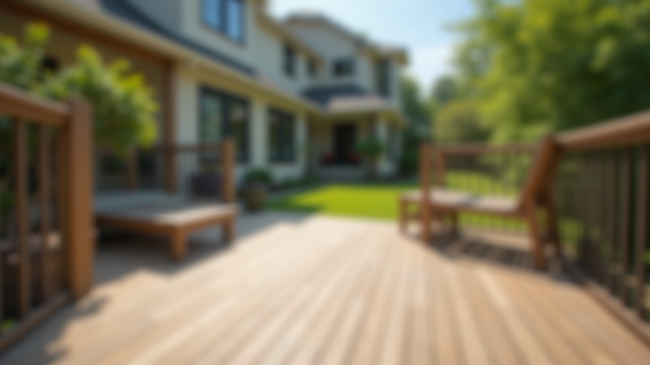 This image blurs the details of a well-maintained backyard patio, featuring a wooden deck and lush greenery. The focus is directed towards the inviting patio space, while a charming house in the background hints at a peaceful suburban setting. The warm tones and natural surroundings create a soothing and welcoming atmosphere.