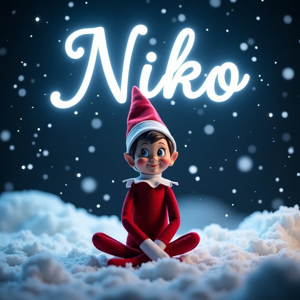 The image portrays a cheerful Elf on the Shelf sitting in a beautiful snowy landscape at night. The Elf, dressed in a traditional red outfit, has a playful smile. Above the Elf, the name 'Niko' is artistically illuminated in white light. The scene is permeated with soft ambient lighting, enhancing the warm and magical atmosphere despite the snowy surroundings. Snowflakes are gently falling around, adding to the holiday spirit. This enchanting setup invites viewers into a whimsical world filled with Christmas adventures.