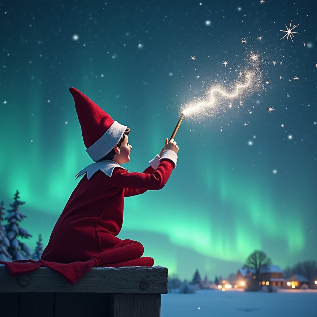 The image features an elf on the shelf with his back to the viewer, facing a wonderful night sky illuminated by the northern lights. He is using a magical wand to write 'Raiden' in sparkling letters across the sky. The background showcases a picturesque Christmas scene with snow-covered trees and a cozy cottage aglow in warm light. The overall atmosphere is enchanting and festive, evoking the joy of the holiday season. This magical moment captures the essence of Christmas wonderment.