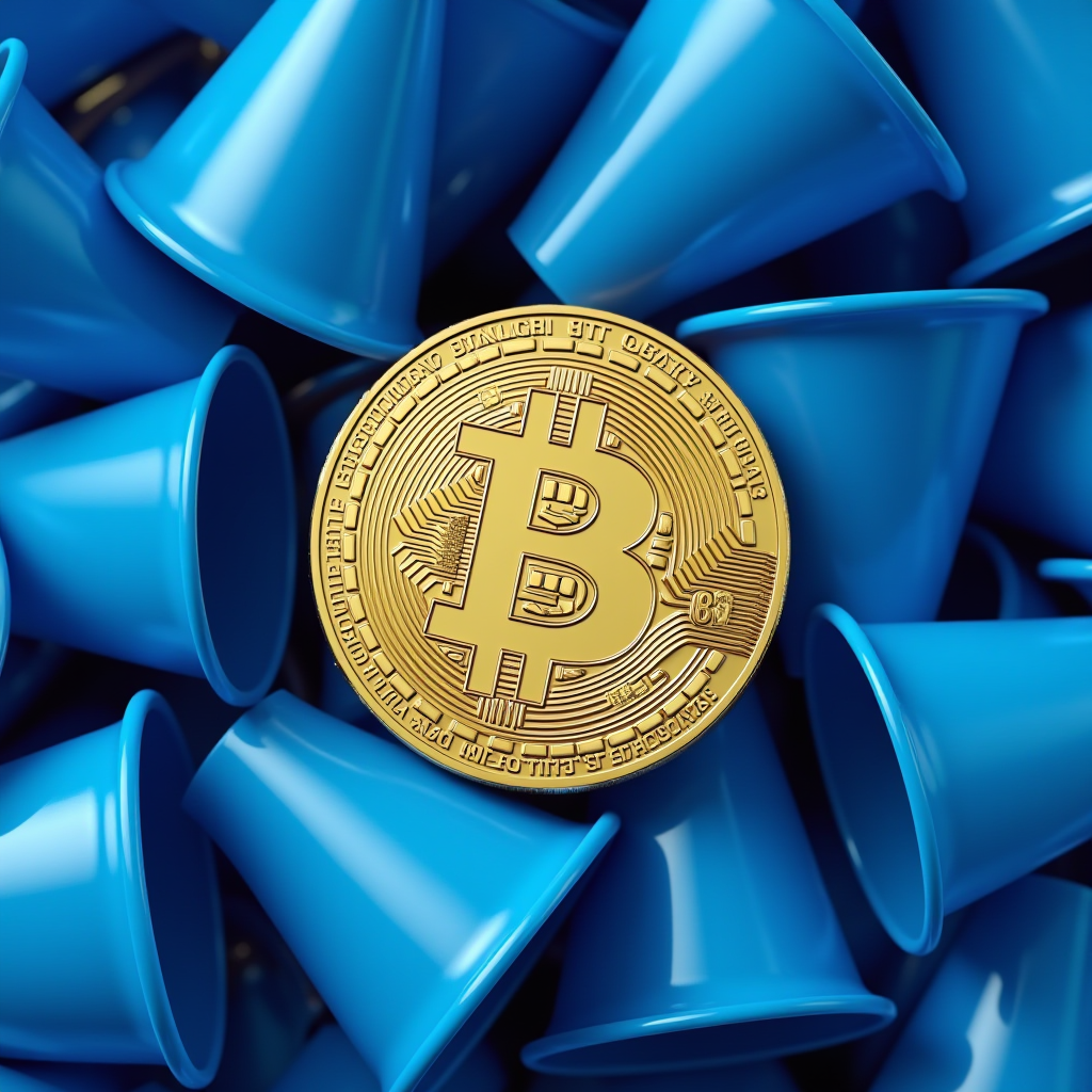 A gold Bitcoin coin rests among a pile of inverted blue plastic cups.