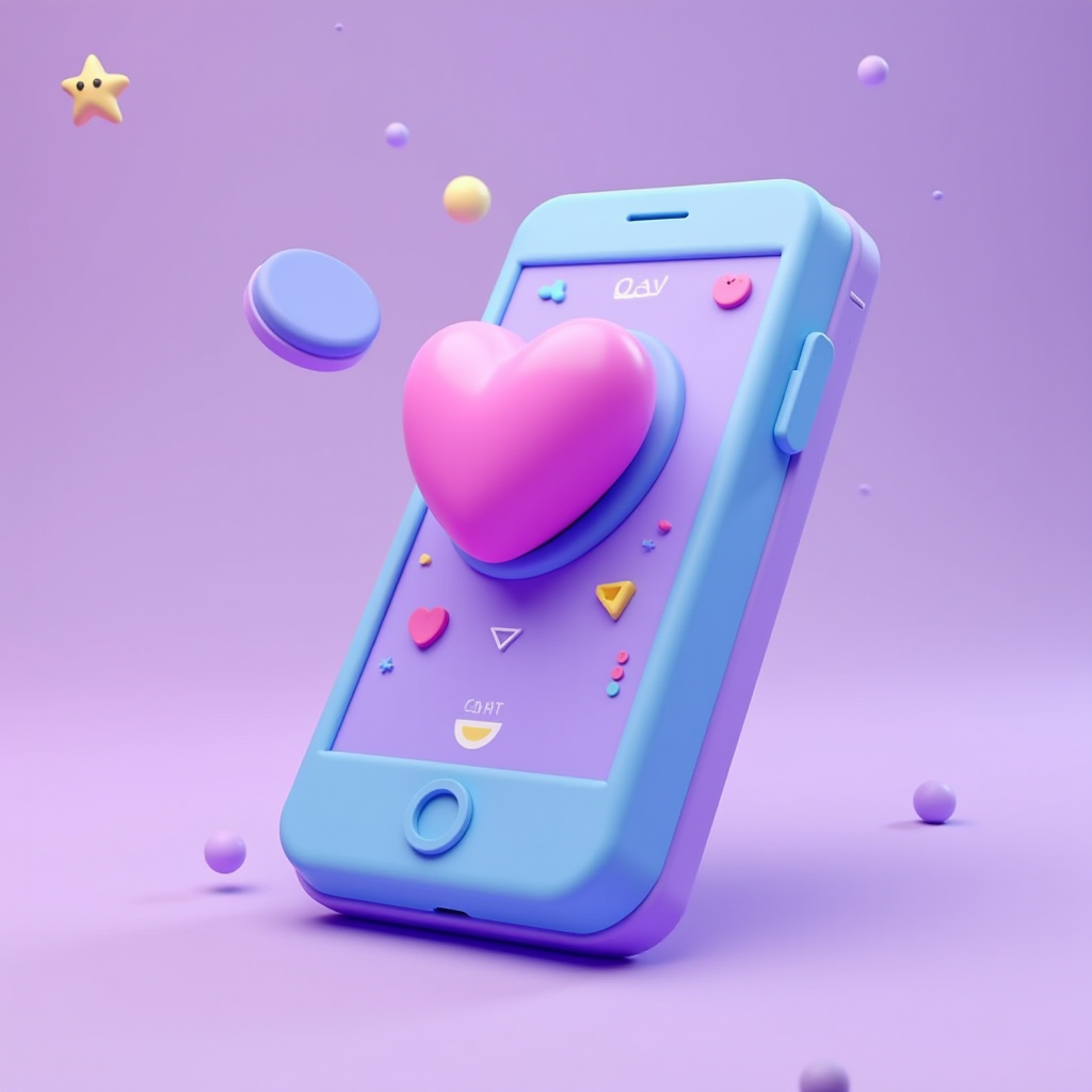 The image features a highly stylized and playful depiction of a smartphone, set against a pastel purple background. The phone is rendered in soft shades of blue, with a large, three-dimensional pink heart popping out of the screen. Various small, colorful geometric shapes, such as triangles and circles, embellish the screen, adding to the whimsical and cartoonish aesthetic. Floating around the phone are additional small shapes, including a yellow star and several spheres, contributing to the dreamlike and cheerful atmosphere of the scene.