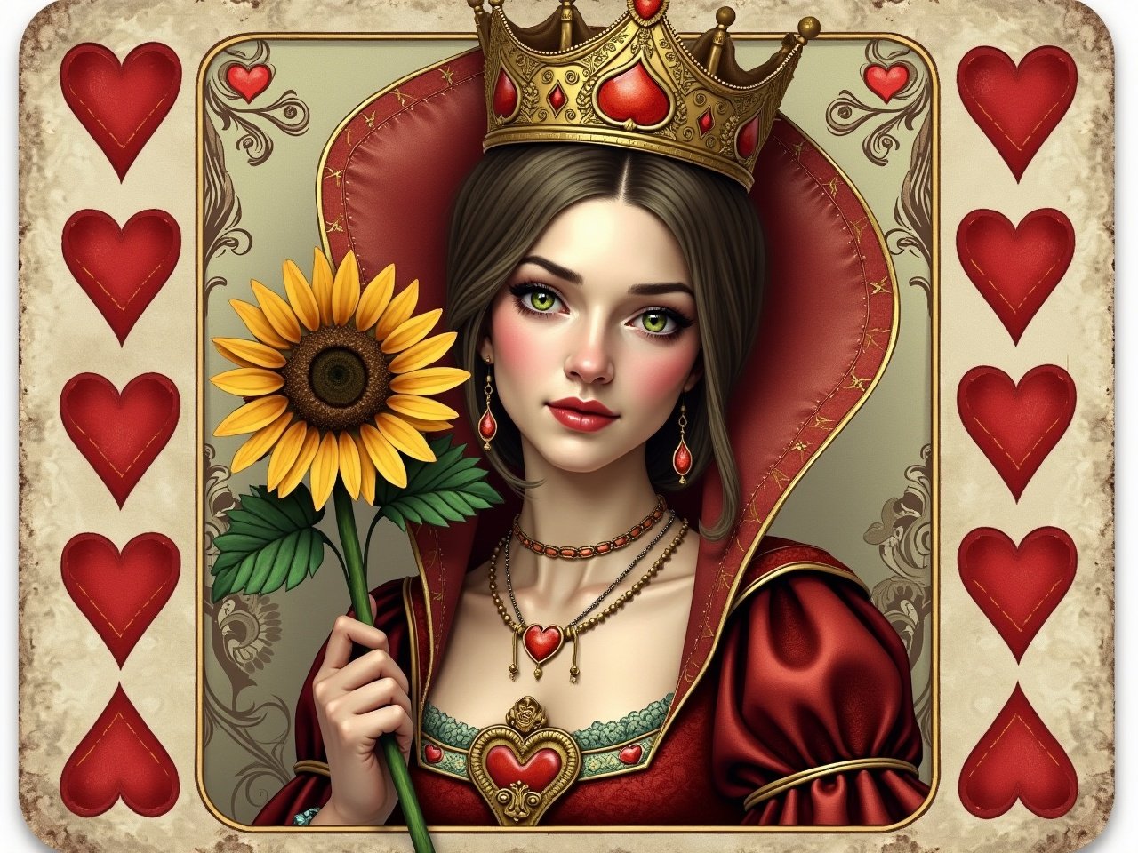 Create a Queen of Hearts playing card designed in a traditional style. The card should feature the Queen at the center, with a decorative border and classic playing card motifs. Most importantly, use the face of the person in the photo to represent the Queen. Capture the elegant expression and demeanor of the subject, incorporating details like her clothing and the sunflower she's holding into the design. The background should maintain an ornate playing card aesthetic with hearts and floral patterns.