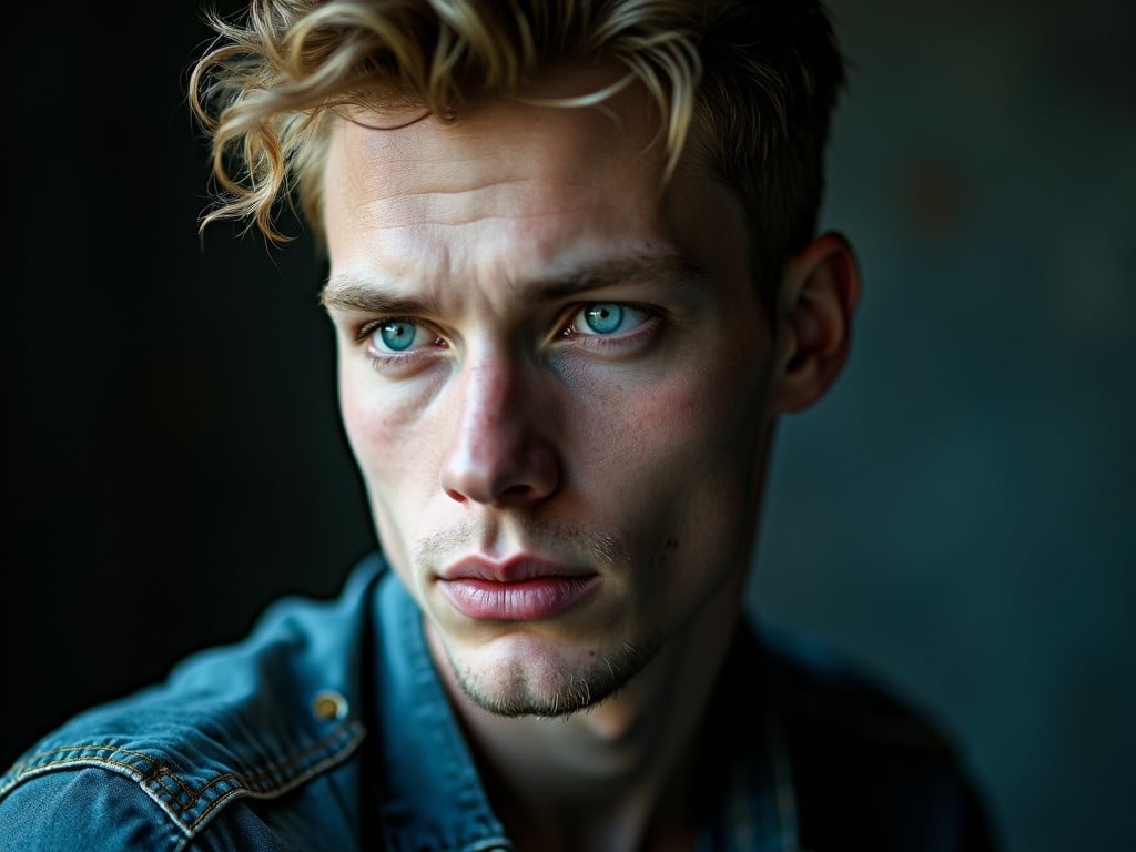 A close-up portrait of a young man with striking blue eyes and tousled blonde hair. He has a serious expression, gazing off to the side. The image is captured with soft lighting, highlighting the contours of his face. The background is blurred, drawing focus to his features. The tone of the image is moody and artistic, suitable for fashion or creative usage.