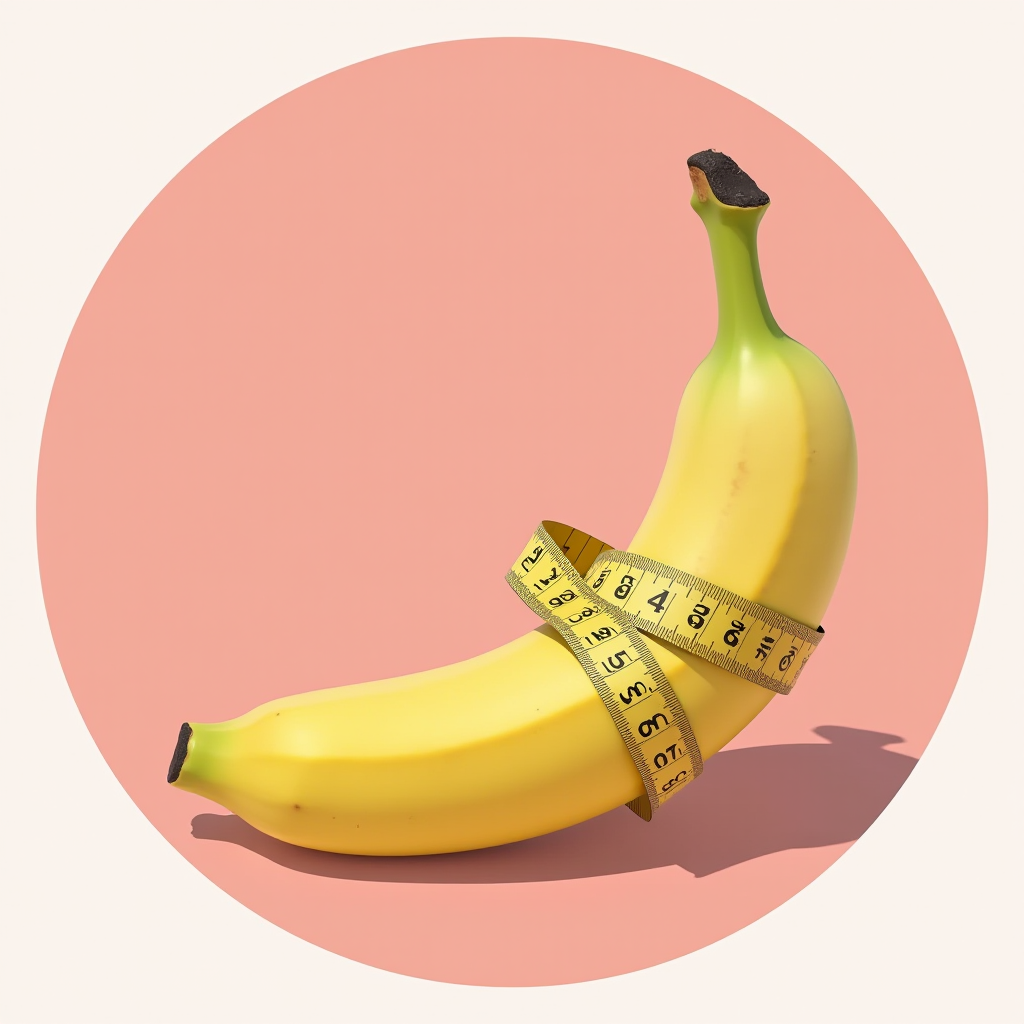 A banana is wrapped by a yellow measuring tape, symbolizing measurement and proportion, set against a pink circle background.