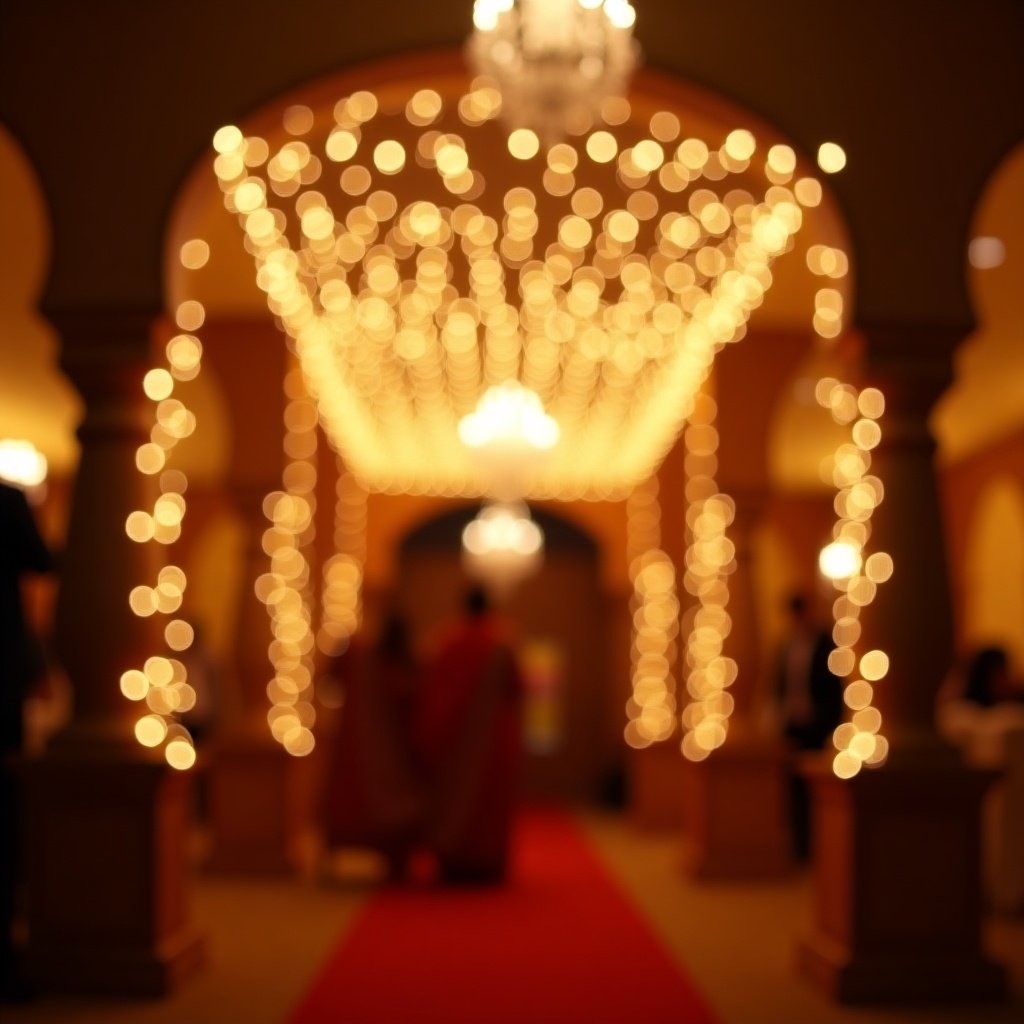 The image features a visually appealing Indian traditional wedding backdrop adorned with blurred lights. Strings of warm golden lights create a festive atmosphere, enhancing the celebratory mood. A red carpet leads the way, hinting at a royal entrance. The overall effect is softened by the blur, which draws attention to the enchanting lighting. This beautifully captures the essence of cultural celebrations and joyful gatherings.