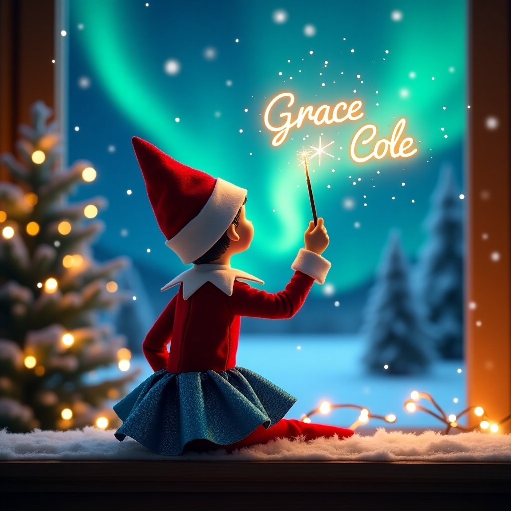 This image captures an enchanting Christmas scene featuring an elf on the shelf. The elf is dressed in a red and white outfit, complete with a blue sparkle skirt. She faces the vibrant northern lights while holding a magic wand, writing the names 'Grace' and 'Cole' in glowing script above her. The background showcases a picturesque snowy landscape, adding to the festive ambiance. This whimsical scene embodies the joy and magic of the holiday season and invites viewers to immerse in Christmas wonder.