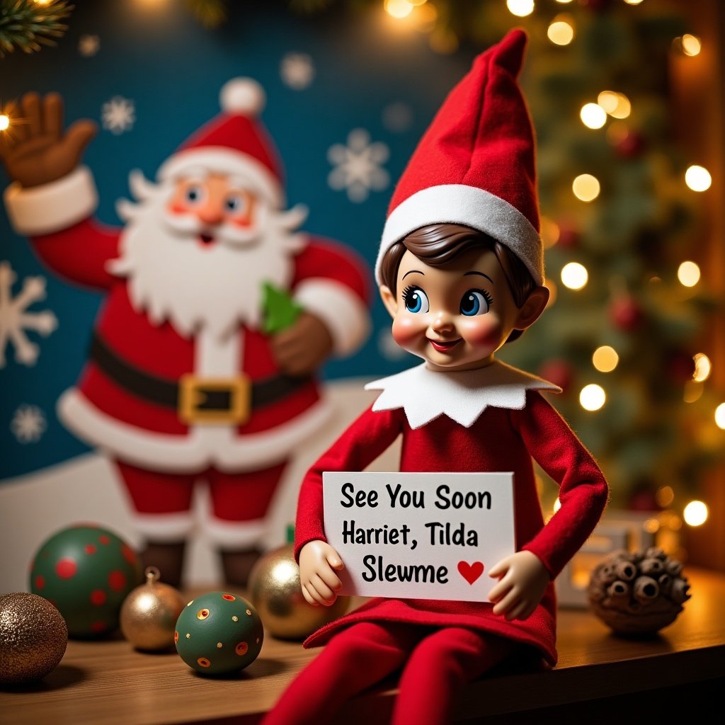 The image features a cheerful female elf on the shelf holding a sign that says 'See You Soon Harriet, Tilda Slewme.' The elf is dressed in a traditional red outfit with white accents. In the background, there is a magical Christmas scene with Santa Claus, adding to the festive ambiance. The overall setting includes decorative ornaments and warm, inviting lights that evoke the spirit of the holiday season. This delightful scene captures the joy and excitement of Christmas, making it perfect for holiday-themed content.