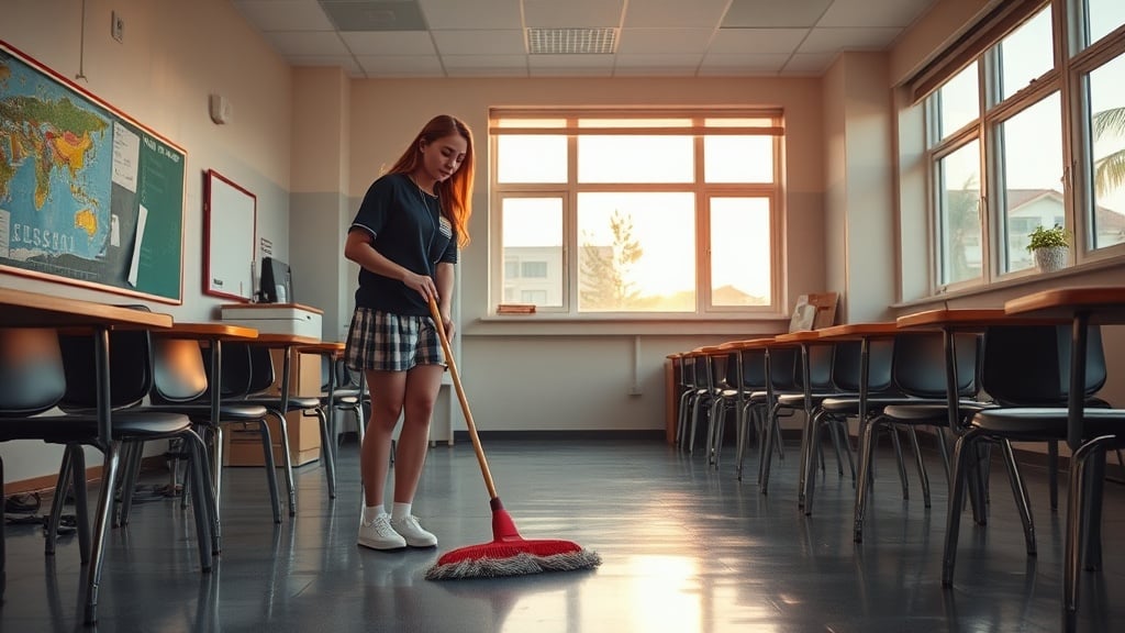 In a serene and warmly lit classroom, a young woman is engaged in cleaning the floor with a mop. The setting sun casts a gentle glow through the large windows, creating a peaceful atmosphere. The classroom is neat, with desks and chairs organized neatly, and the presence of a world map on the wall adds an educational ambiance.