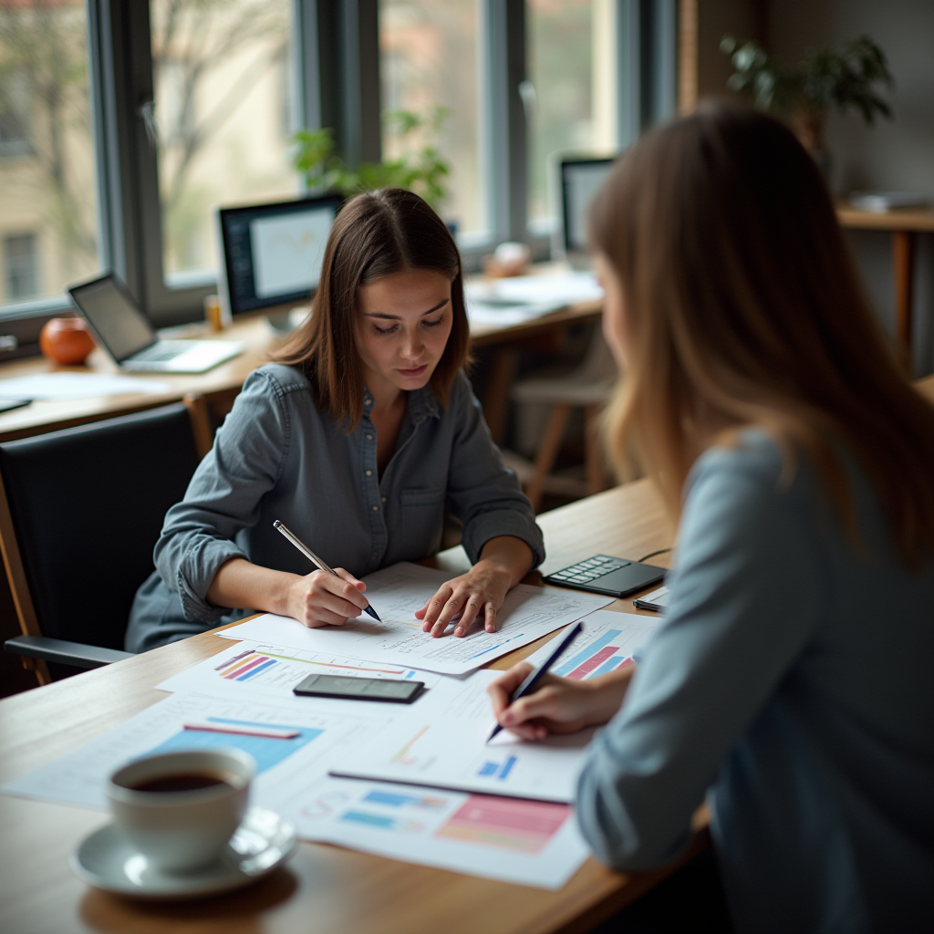 Two women are working together at a desk with papers, a laptop, and a cup of coffee.