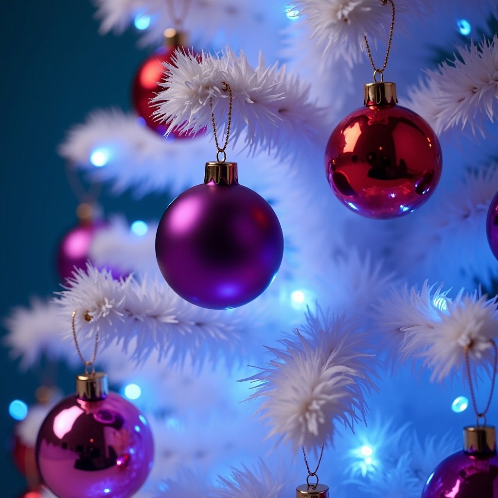 This image features a beautiful white Christmas tree adorned with vibrant purple, red, and pink Christmas balls. The tree is illuminated by soft blue lights, creating a festive atmosphere. Close-up details highlight the shiny ornaments, enhancing the visual appeal of the holiday decoration. This scene evokes joy and the spirit of the Christmas season. Perfect for those looking to share holiday cheer or seek inspiration for seasonal decor.