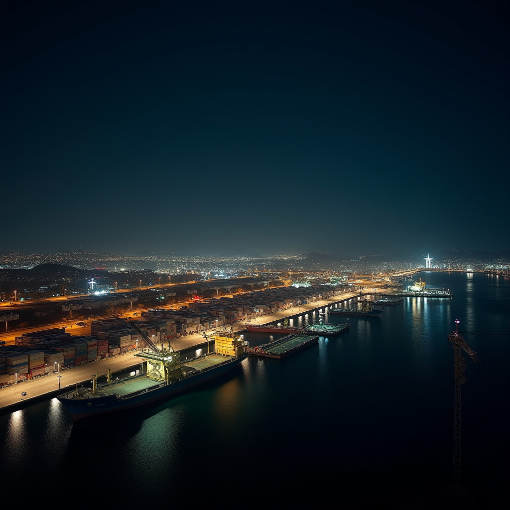 A vibrant port at night with illuminated cargo ships docked under the city lights.